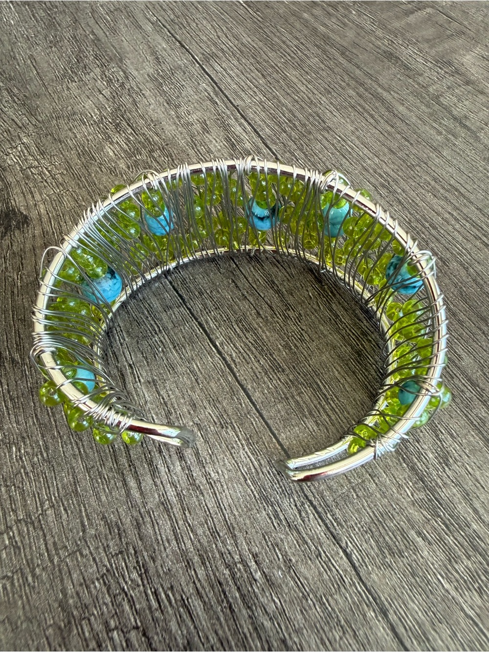 Silver Wire Bracelet with Green and Turquoise Beads